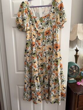 Astr the Label Floral Square Neck Midi Dress in Cream, Orange & Olive
